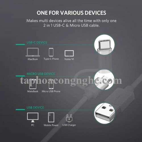 Ugreen 20871 0.5M màu trắng Dây USB 2.0 sang Type-C đầu nhôm US177 30020871